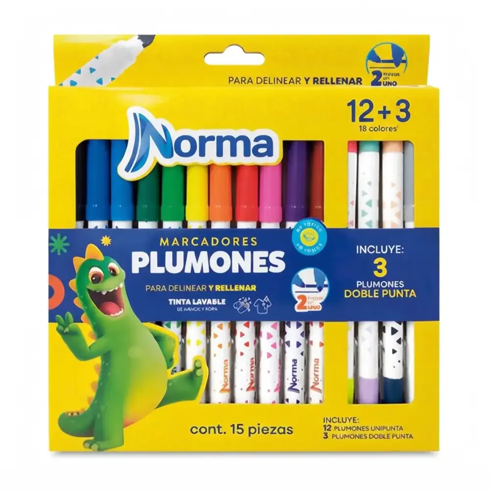 Paquete con 15 plumones normal delgados, 12 normales + 3 dobles, variedad de colores / 29823