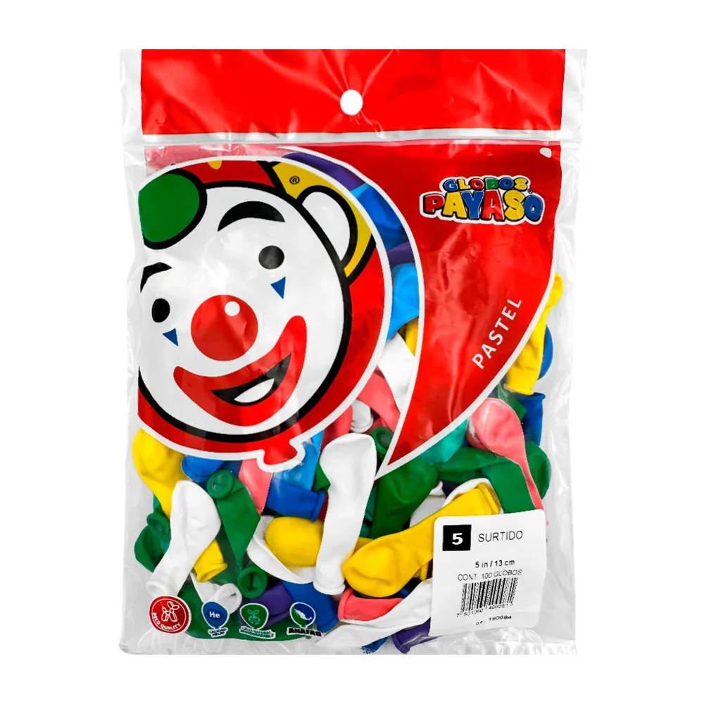 Paquete de 100 globos payaso de 5 in - 13 cm en colores surtidos / globo no. 5 / 400081