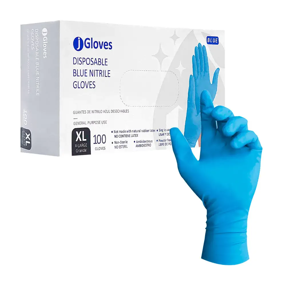 Caja con 100 guantes desechables de nitrilo en color azul, multiusos, variedad de tallas