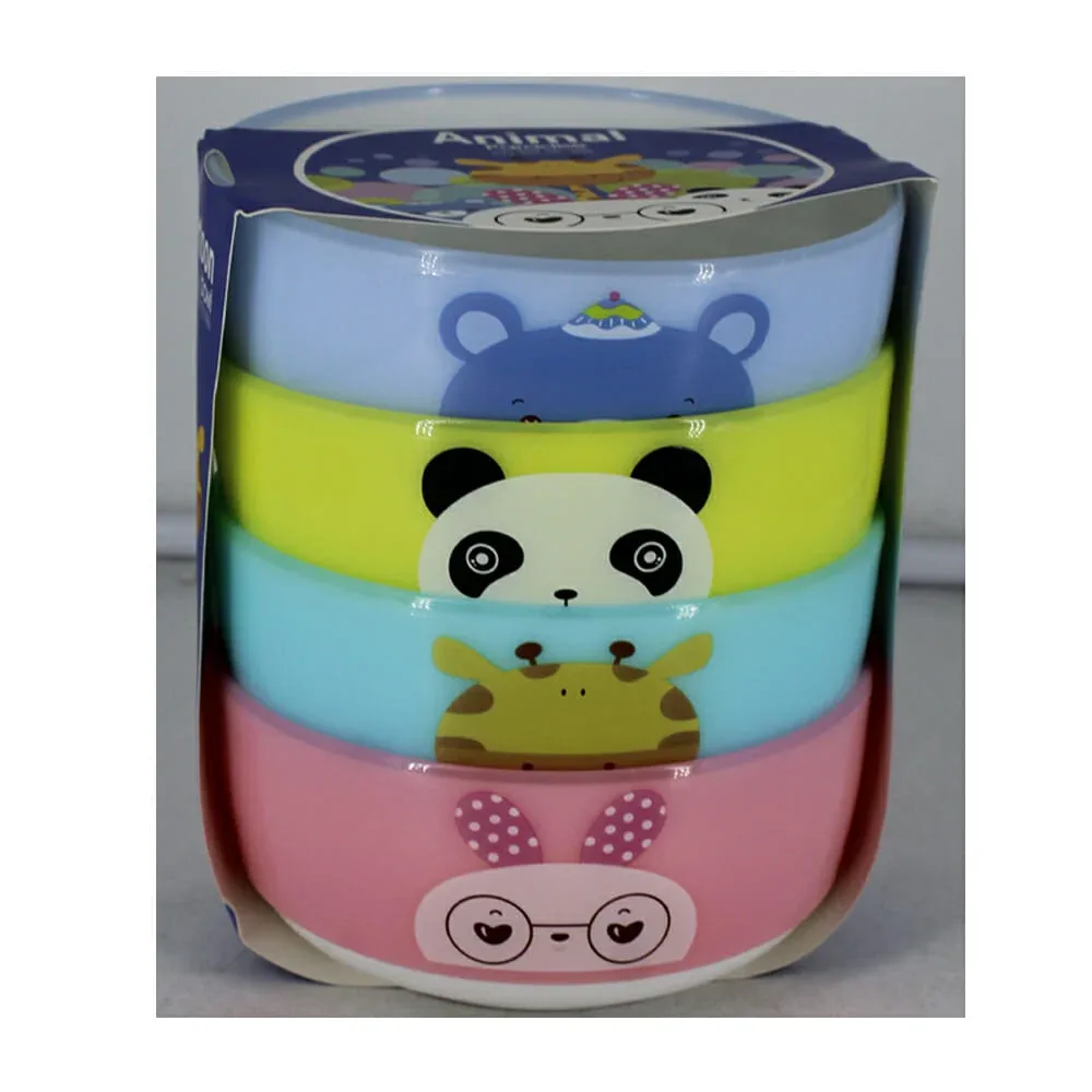 Paquete con 4 platos tazones redondos medianos de plástico con diseño de animales 13cm / animal paradise