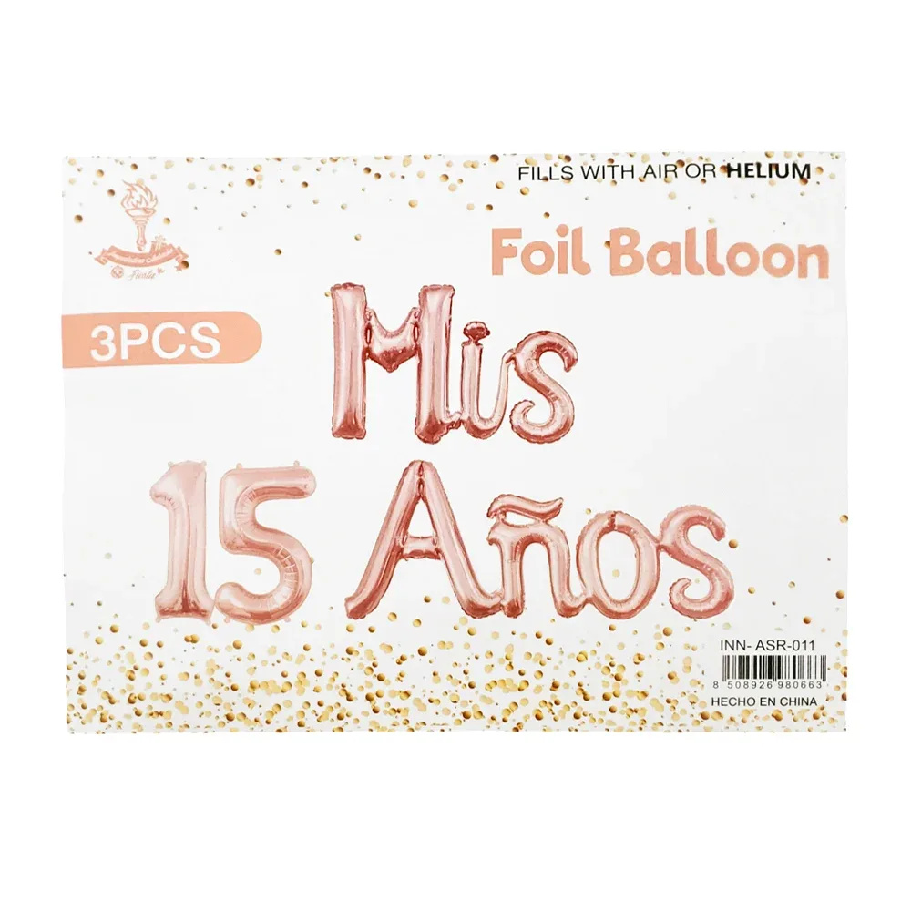 Paquete con 3 globos efecto metálico con frase Mis 15 años