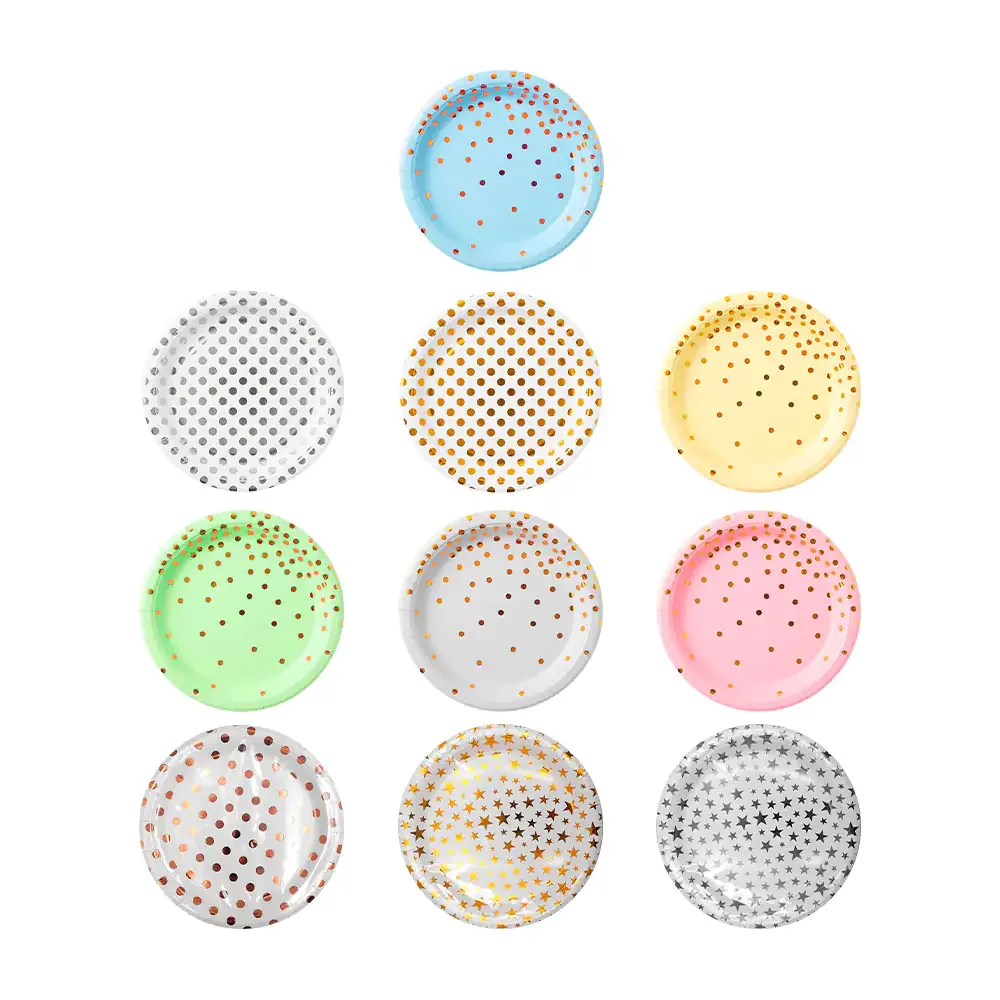 Paquete de 10 platos redondos con diseño de estrellas o lunares para pastel