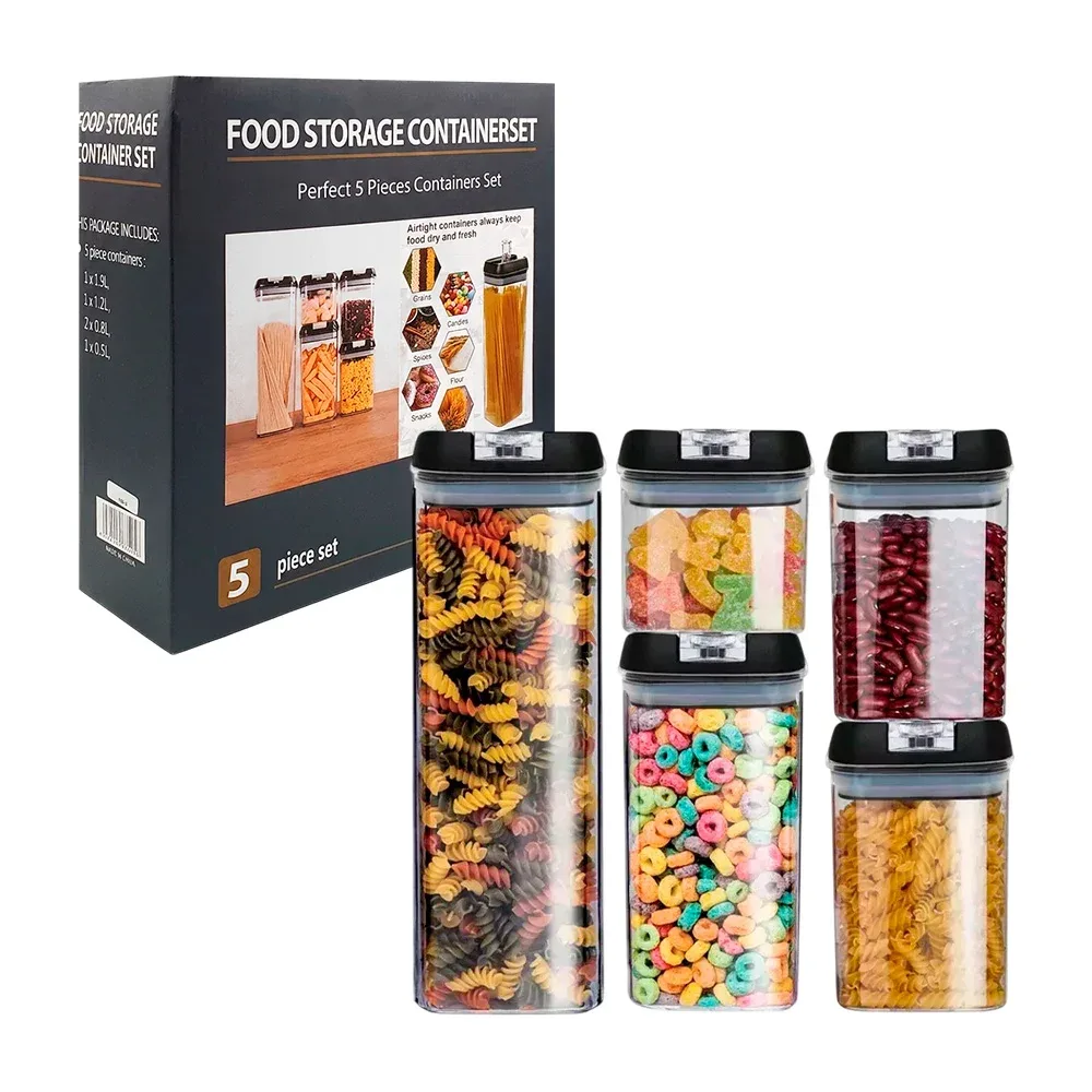 Juego con 5 tuppers - recipientes de plástico transparentes, herméticos, para almacenar alimentos / ms-2 / a-525 / food storage containerset