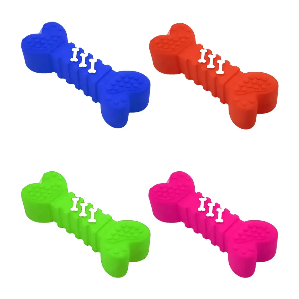 Juguete chillón en forma de hueso con textura de tornillos, variedad de colores