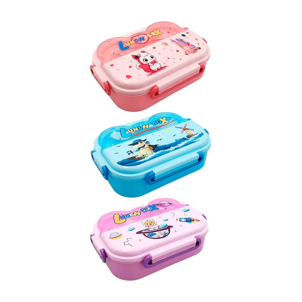 Tupper de plástico con 3 compartimentos, tapa con estampado kawaii + cubiertos
