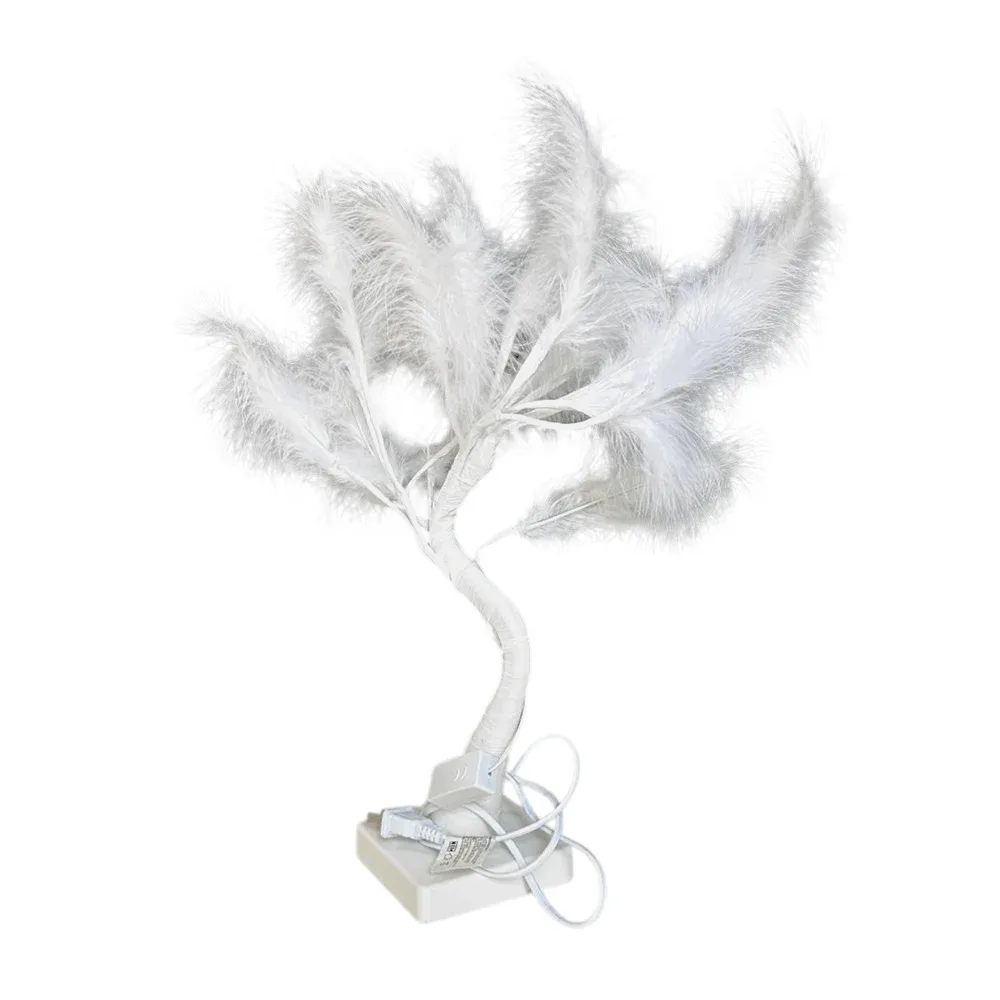 Lámpara decorativa en forma de árbol blanco con plumas blancas y 20 focos led de luz blanca, 45cm / 17450