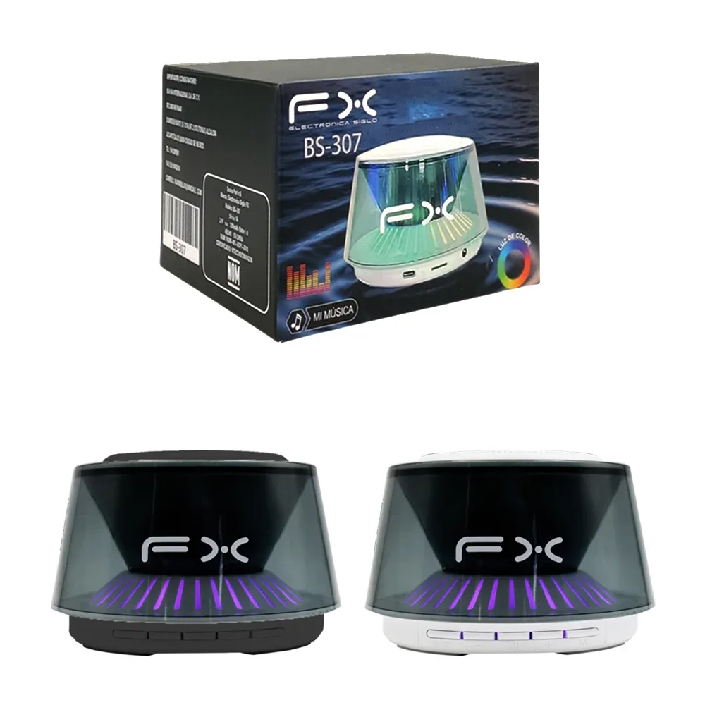 Bocina fx pequeña, inalámbrica, circular con diseño transparente con luz rgb