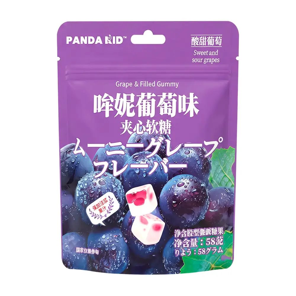 Bolsa con gomitas suaves panda kid con relleno sabor a uva, 58g