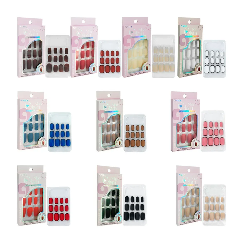 Set con 12 uñas postizas lisas cuadradas miss glam, variedad de colores