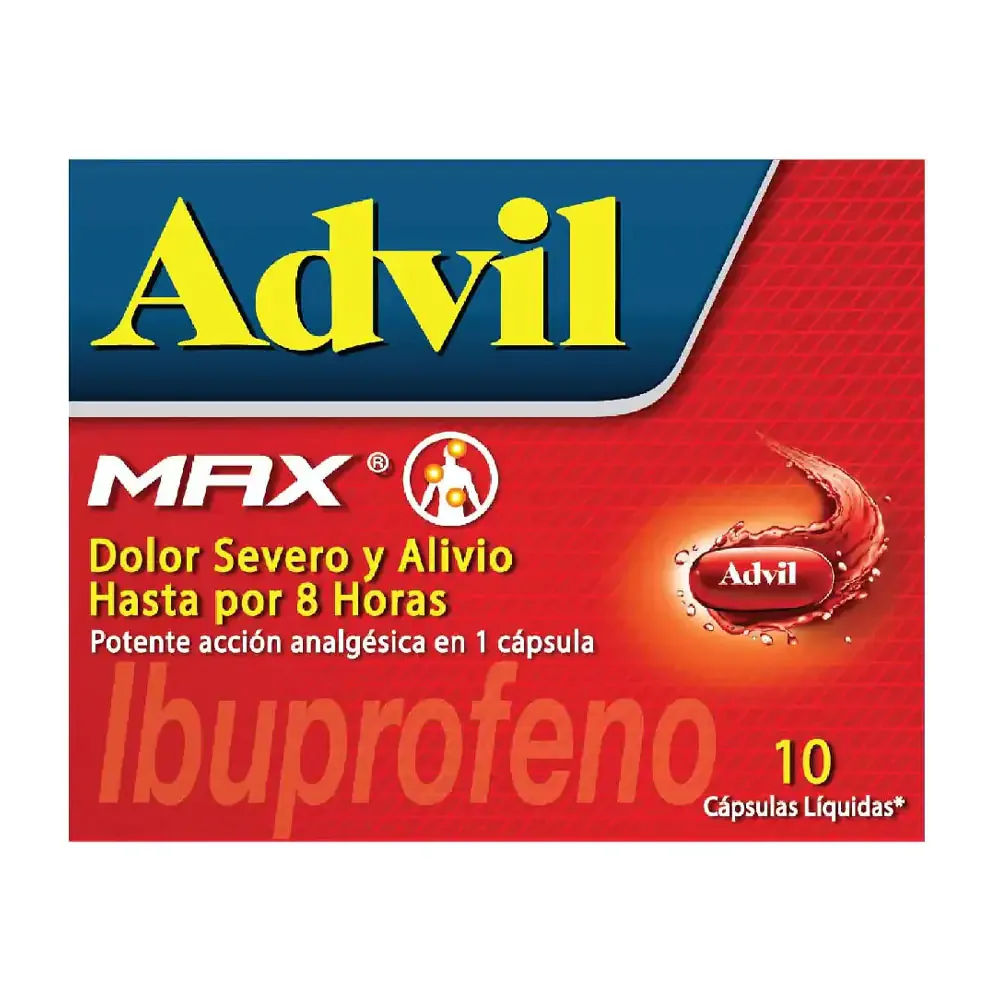 Paquete con 10 cápsulas gel advil max rojo de 400mg