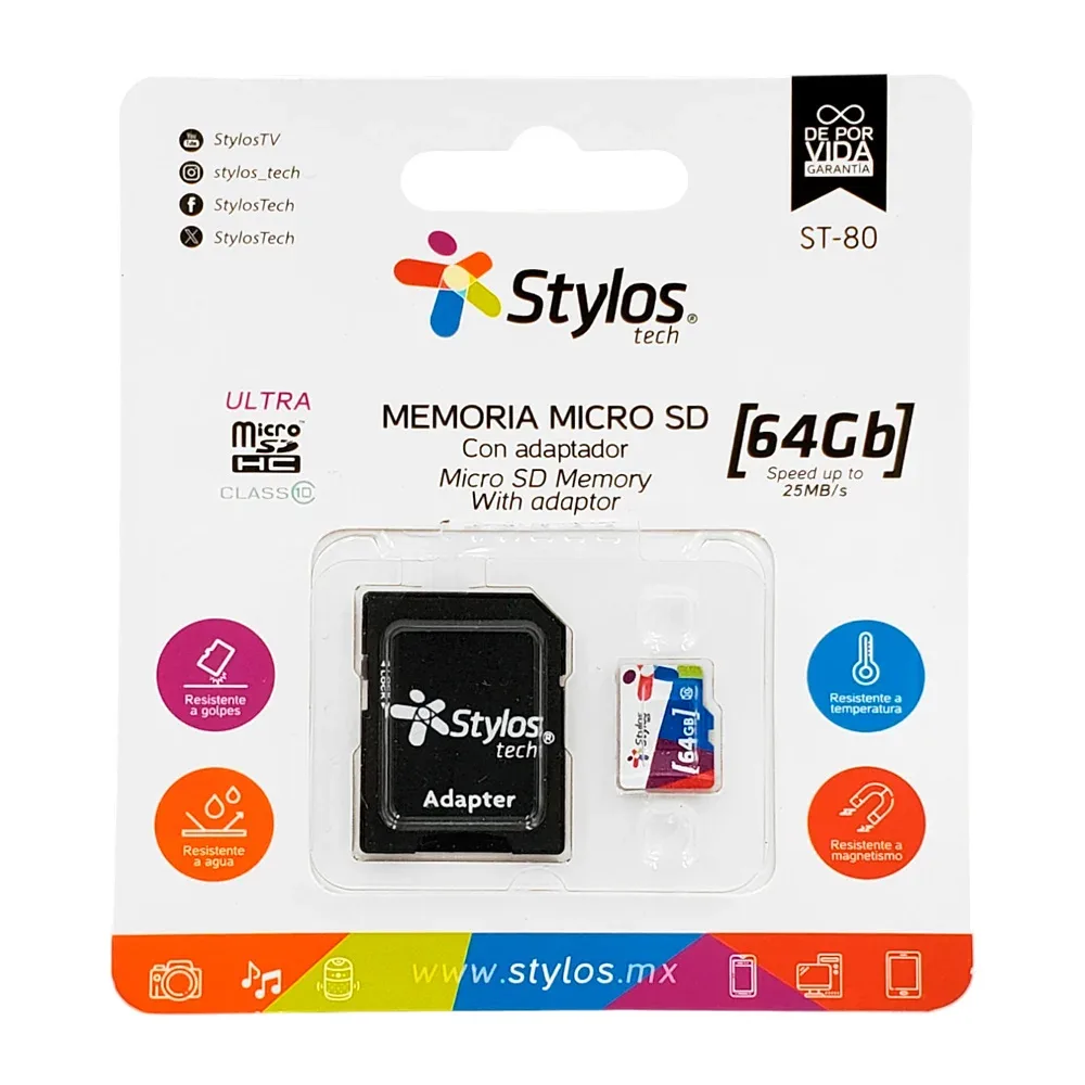 Memoria micro sd stylos con capacidad de 64gb y adaptador / stms641b