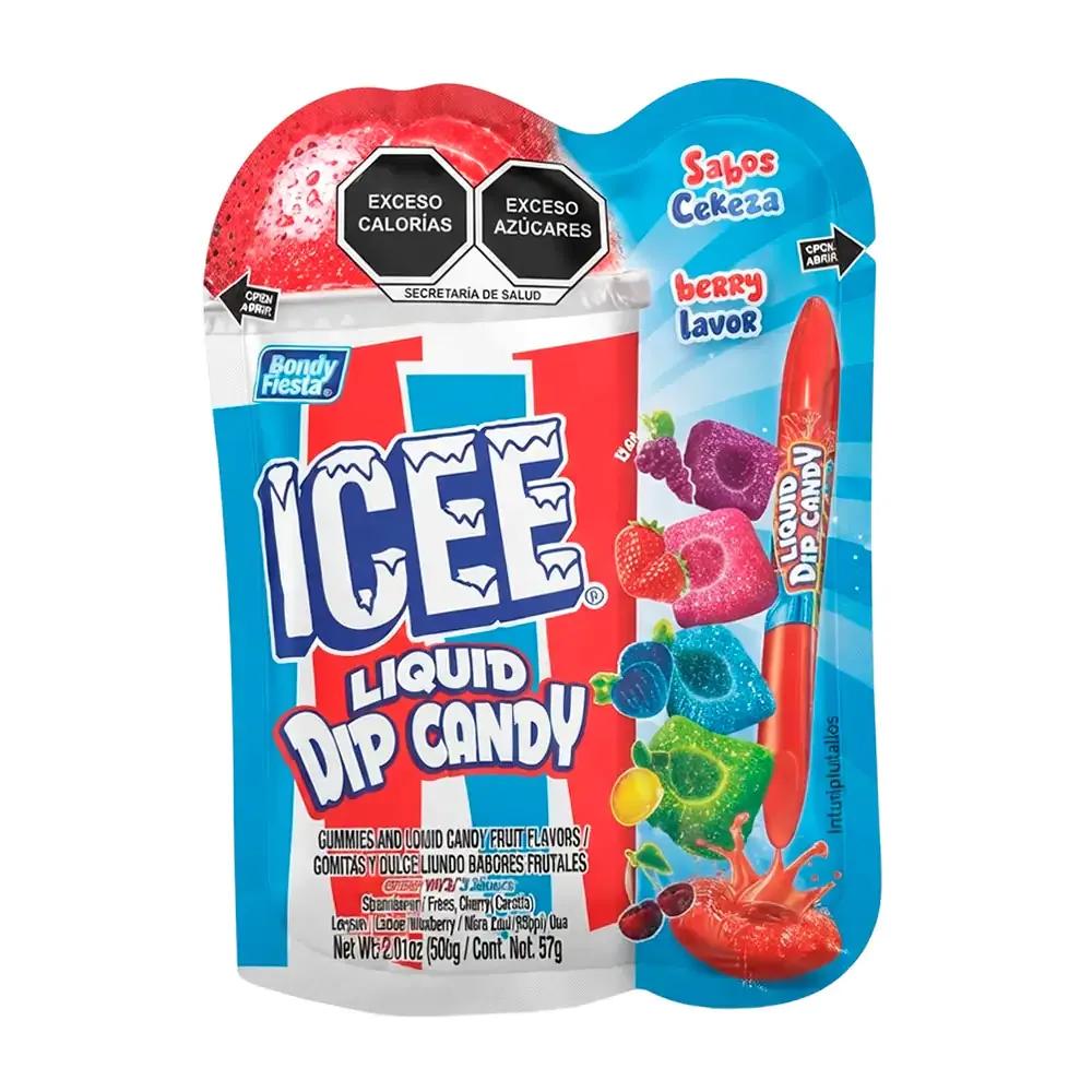1pza Sobre icee con gomitas en cubo sabor a fruta + bolígrafo con caramelo líquido, 57g