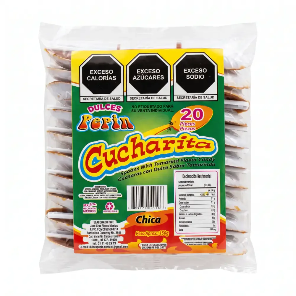Paquete con 20pzas de cucharitas pepin, cuchara chica con dulce sabor tamarindo / 001167