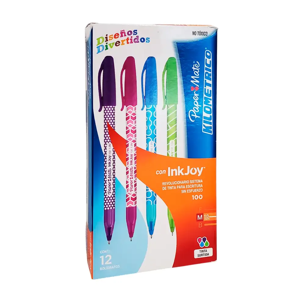 Caja con 12 plumas - bolígrafos paper mate inkjoy con diseño, variedad de colores