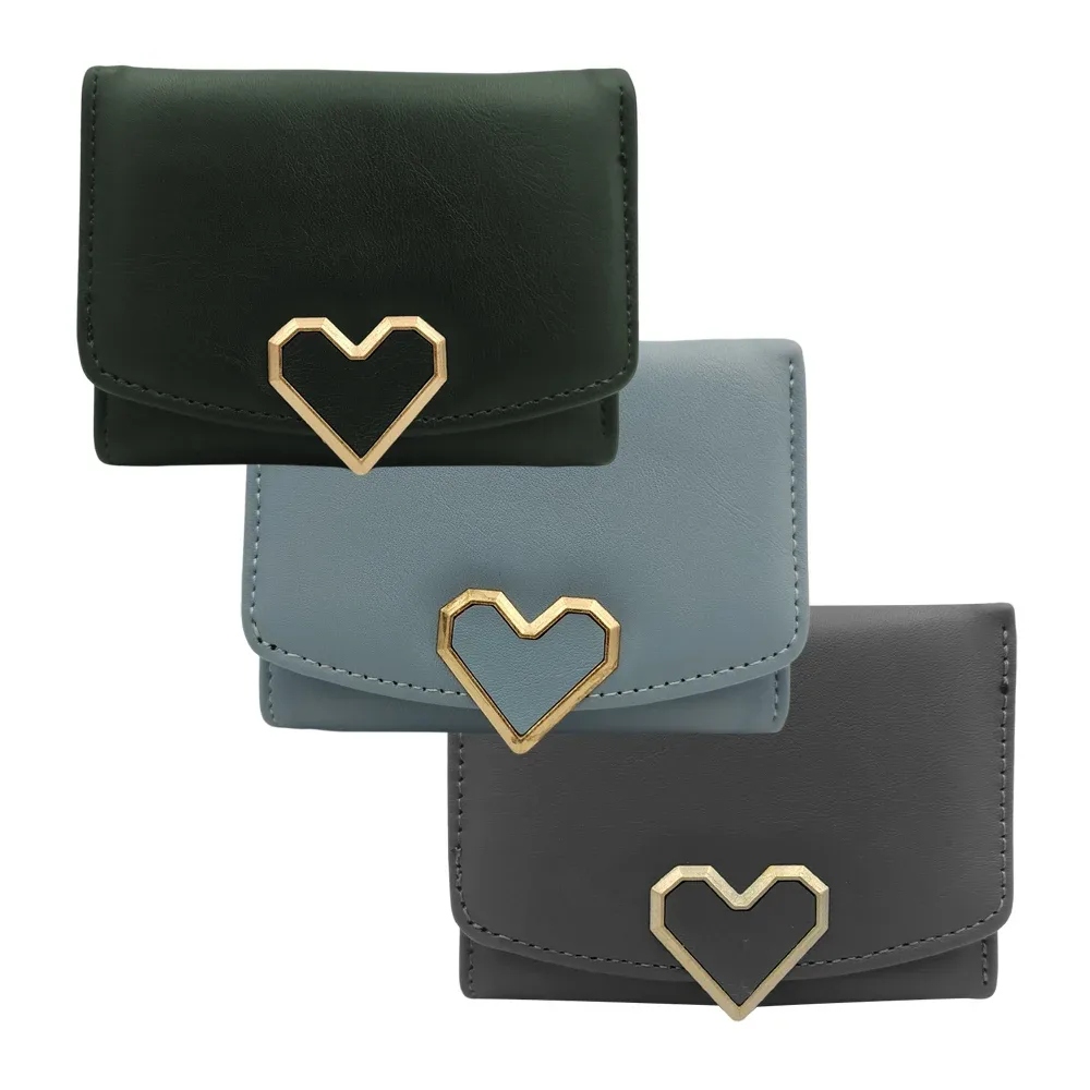 Cartera de color liso con broche de boton en forma de corazón para dama / c3393