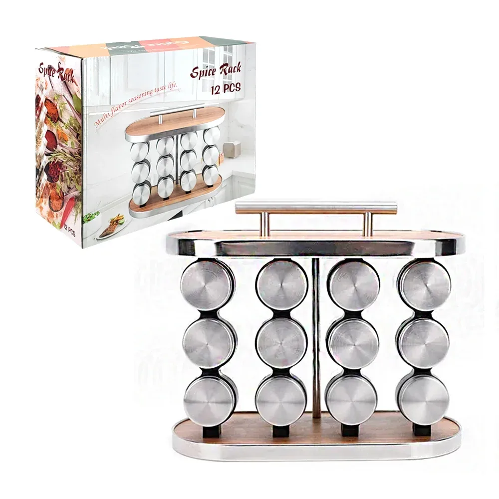 Especiero de cristal con 12 frascos tapa acero inoxidable, base de madera