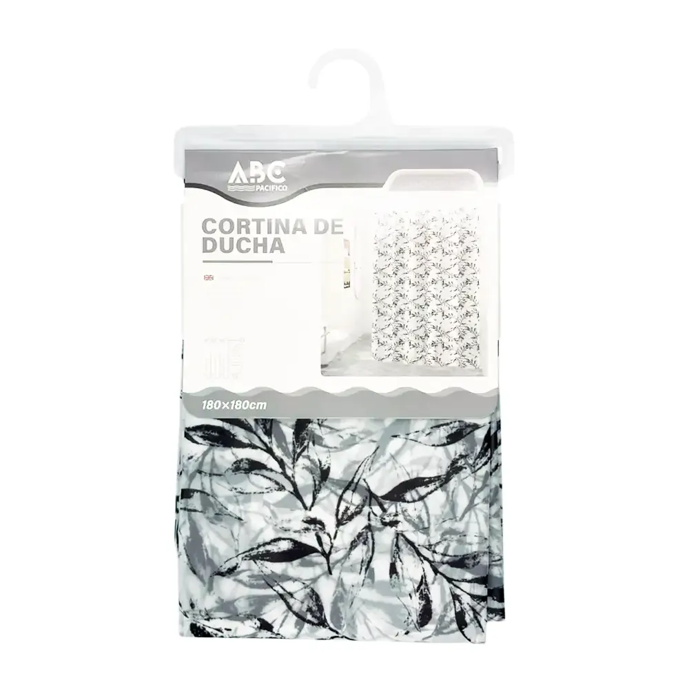 Cortina para baño de plástico resistente 180x180cm con estampado de hojas en blanco y negro
