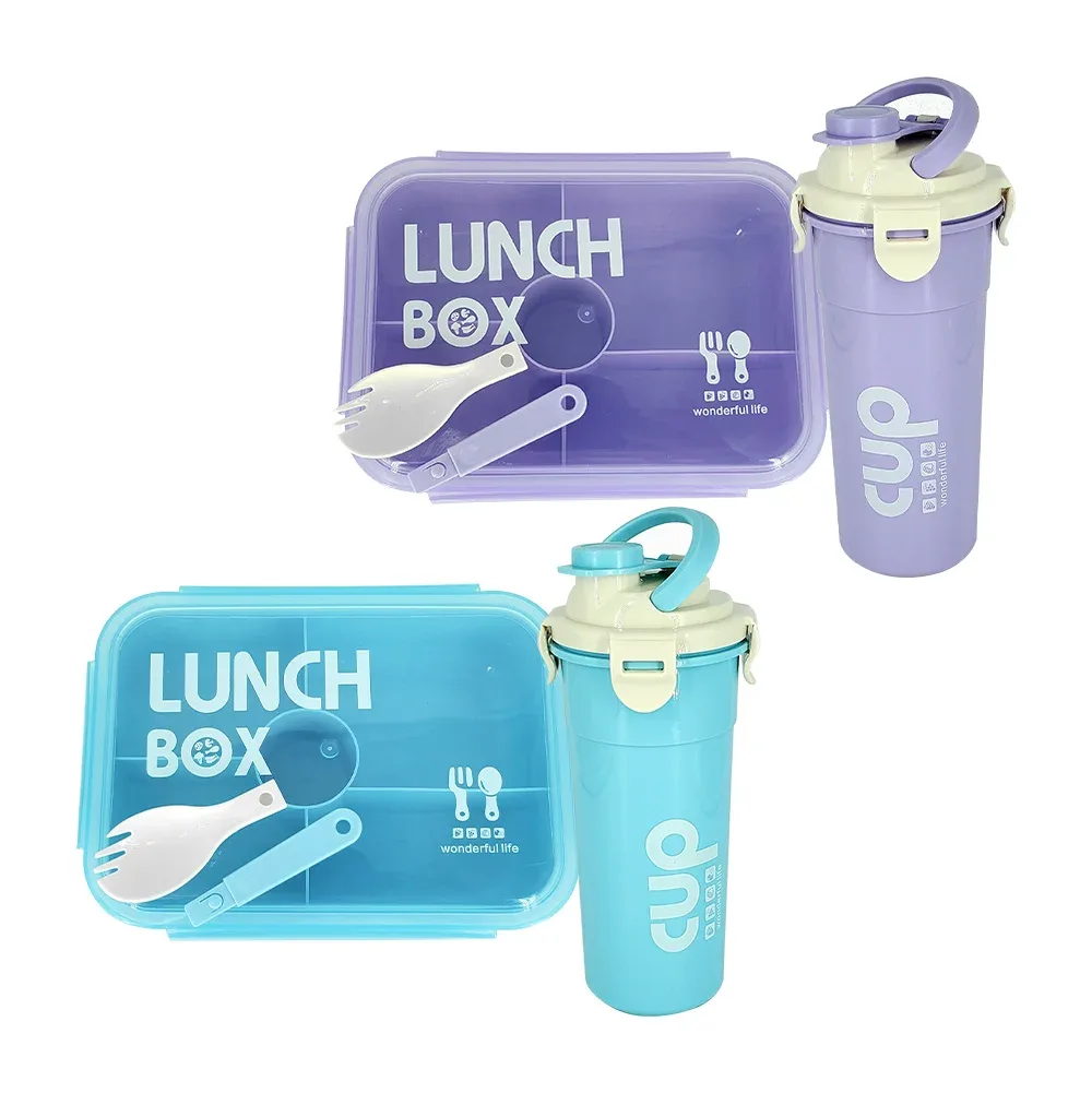 Set tupper rectangular con 5 compartimientos y cubierto + botella de 500ml, variedad de colores / lunch box / cup / lu5763