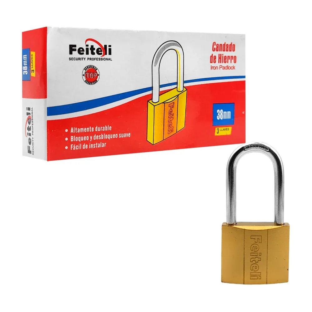 Candado feiteli de hierro, 38 mm de gancho alto, mecanismo suave, seguridad básica + juego de llaves / e1l-38 / e1l38