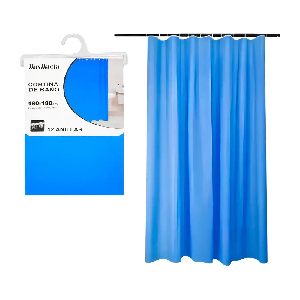 Cortina lisa para baño de plástico en color azul con 12 ganchos, 180cm x 180cm