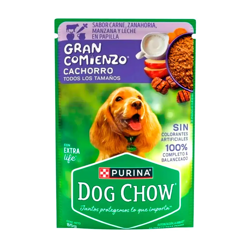 Alimento húmedo, purina dog chow sabor carne zanahoria manzana y leche, razas pequeñas, 100g