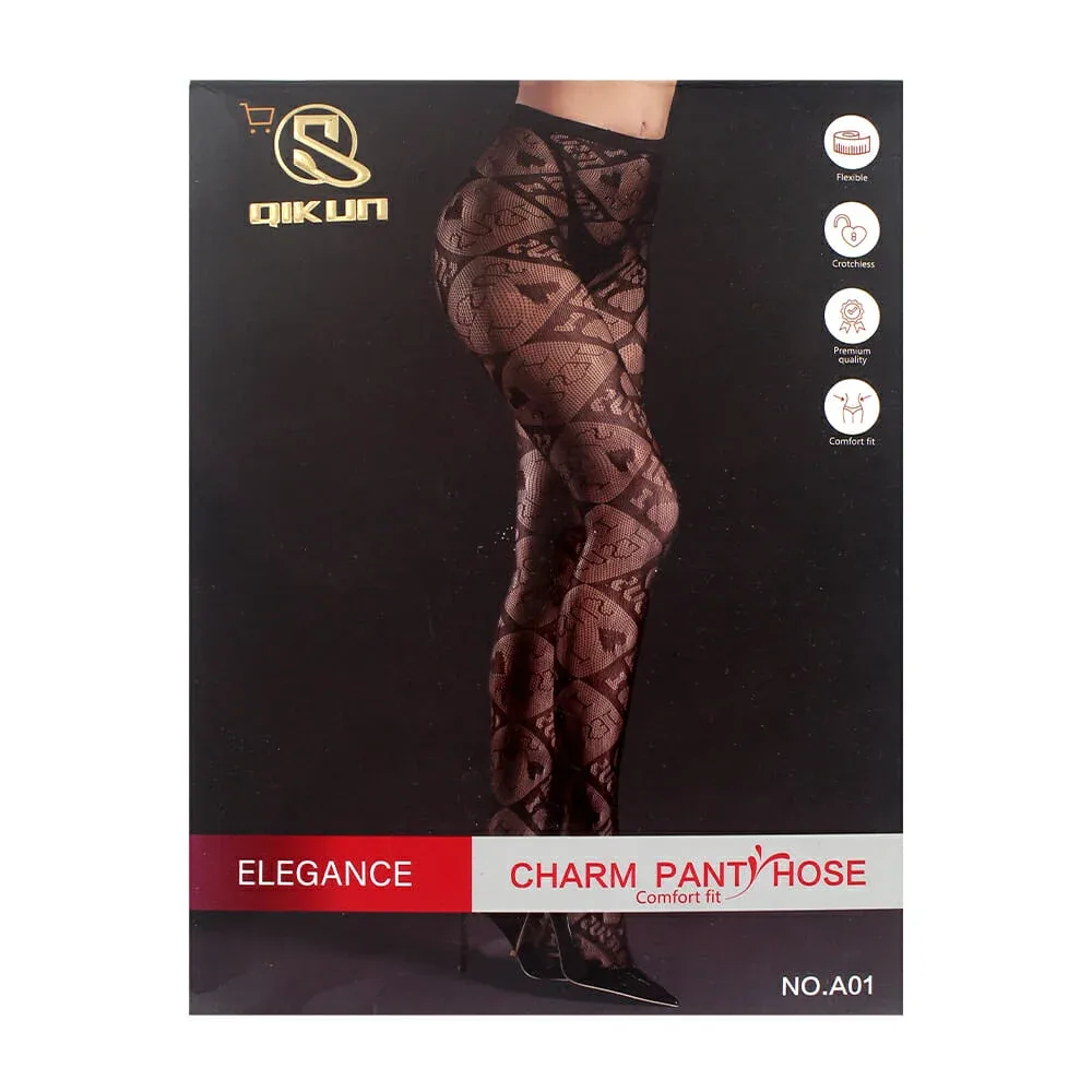 Pantimedias negras de tipo red qikun con diseño de rombos con frase / a01