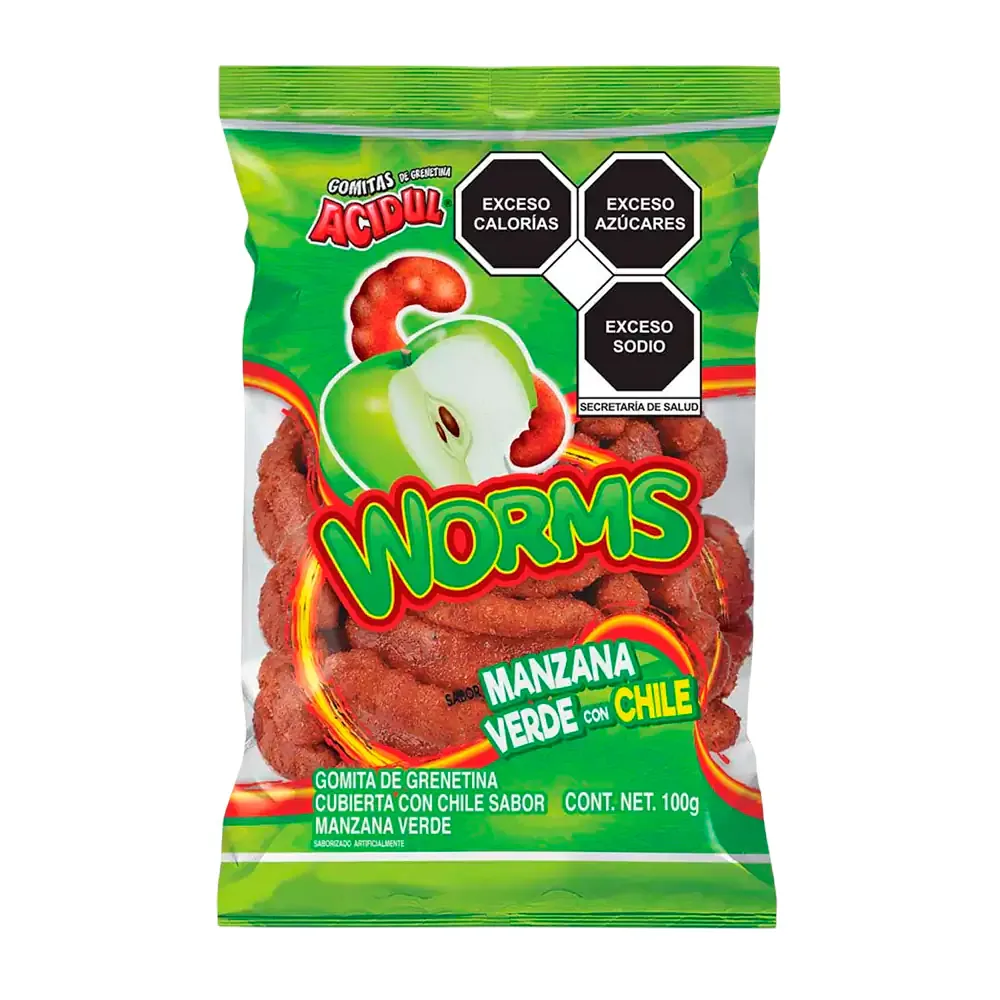 Bolsa de gomitas acidul sabor manzana verde cubiertas de mezcla picosa, 100g / ve100