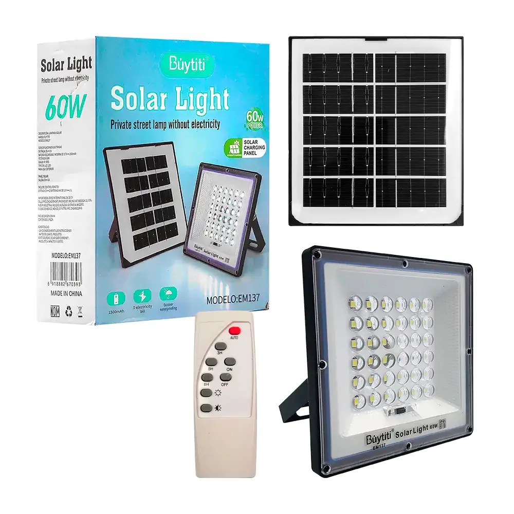 Reflector solar buytiti de 60w recargable con panel solar + control remoto