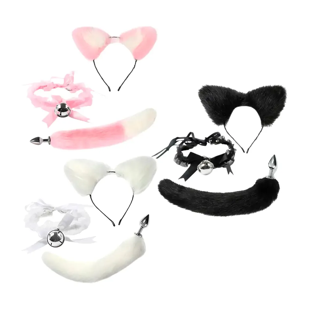 Kit de disfraz sexy de gatita, pezoneras, orejas afelpadas, cola plug + collar con cascabel, variedad