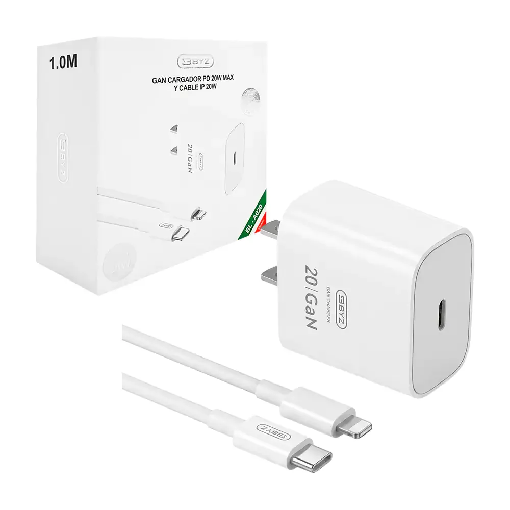 Combo cargador byz, carga rápida 20w, cubo con entrada usb-c y cable usb-c a ip