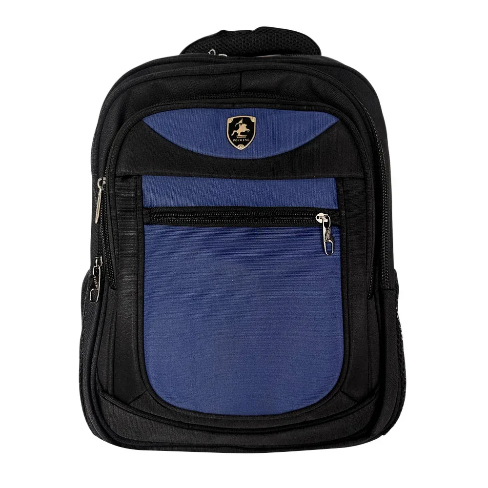 Mochila bicolor con 5 compartimentos, asa gruesa y placa polweng metálica