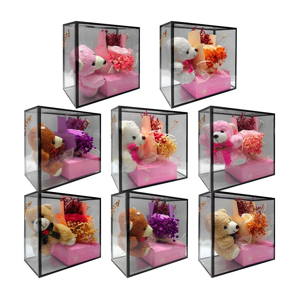 Caja transparente con asa de cadena, mini oso y ramo, variedad de colores