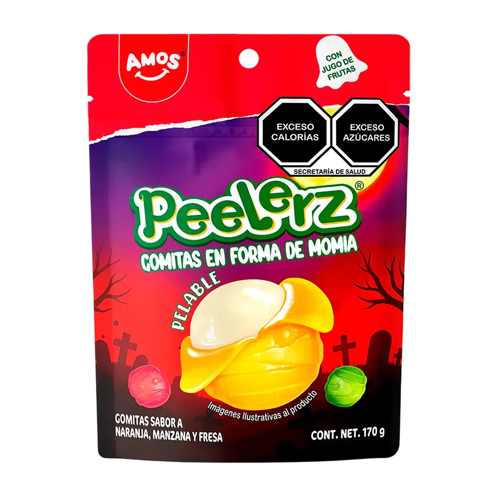 Bolsa con gomitas peelerz pelabres sabor naranja, manzana y fresa con diseño de momia, 65g