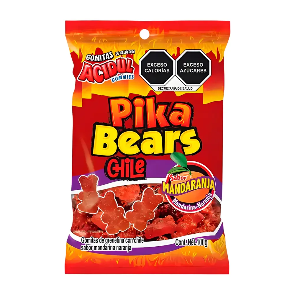 Bolsa de gomitas acidul pika bears, forma de ositos con cubierta picosa, sabor mandarina, 100g / oe100
