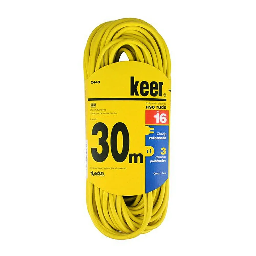 Extensión amarilla keer para uso rudo de 30 metros con clavija y 3 contactos / 2443