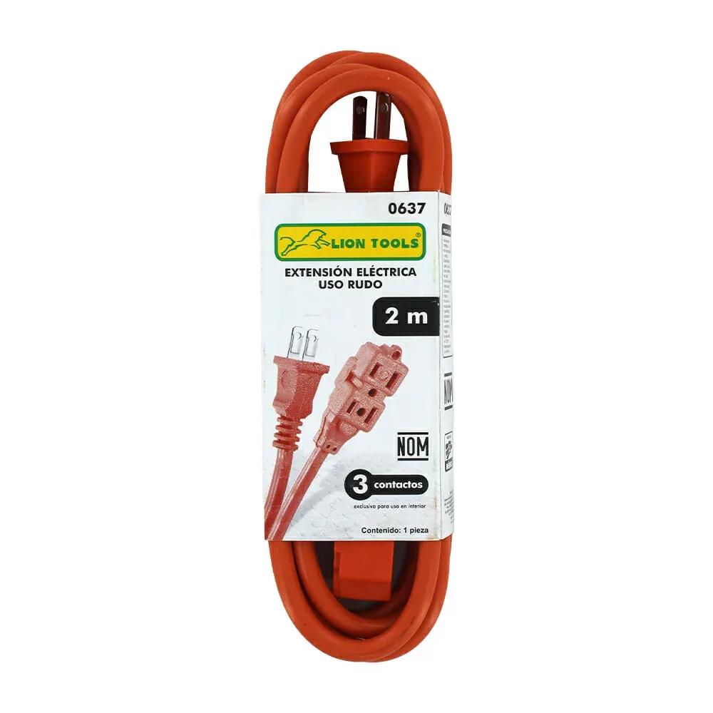 Extensión naranja lion tools calibre 16 awg de 2 metros con 3 contactos para uso rudo / 0637