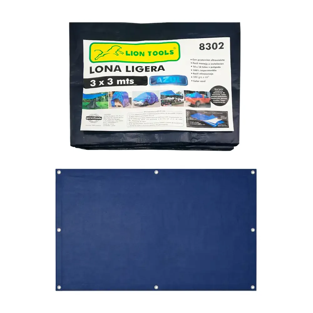 Lona ligera impermeable lion tools color azul de 3x3m con protección ultravioleta / 8302