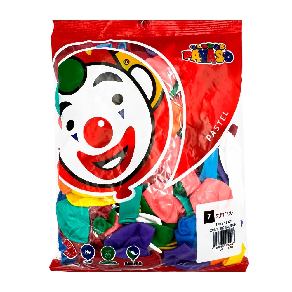 Paquete de 100 globos payaso en colores surtido de 7 in - 18 cm / globo no. 7 / 400463