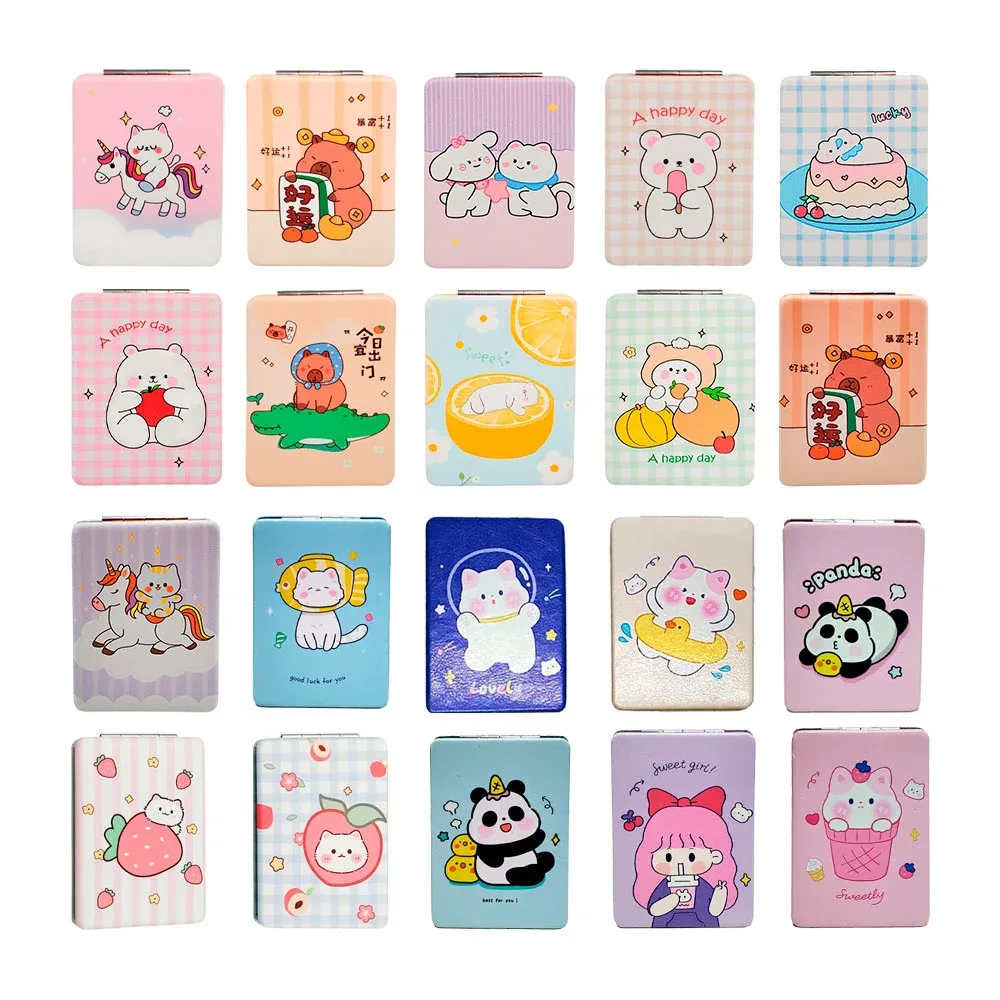 1pza Espejo rectangular de bolsillo doble, con diseño de animales, panda, ositos, gatitos, sweet girl o frutas, variedad de colores / ln64-j17 / espejo animales animados