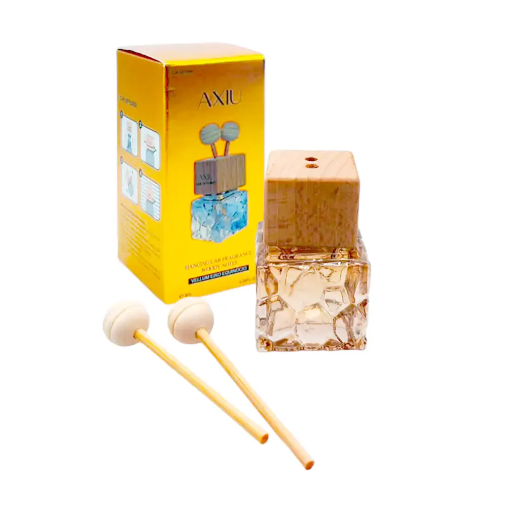 Frasco cuadrado de cristal con fragancia amaderada para carro + clip sujetador, 8ml