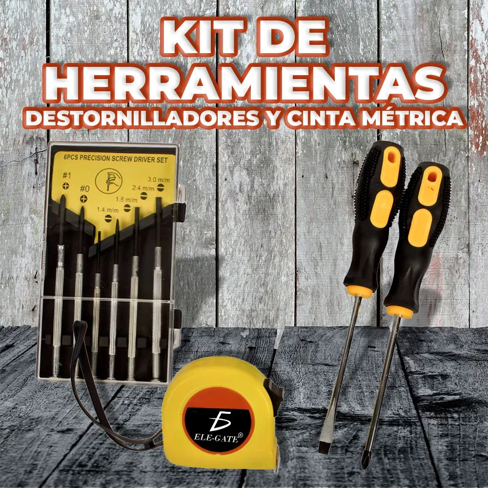 Juego desarmadores de cruz, plano y relojero con flexómetro de 2 metros / family set tool