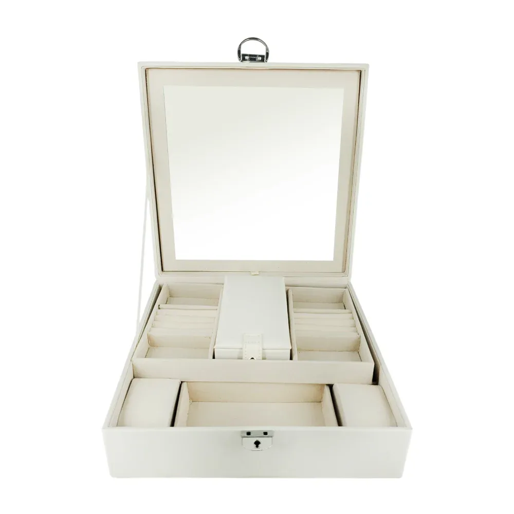 Organizador joyero alhajero de forma cuadrada 25x25cm con espejo, 14 compartimentos + 2 compartimentos con almohadillas y 1 mini estuche rectangular con espejo de 7 compartimentos