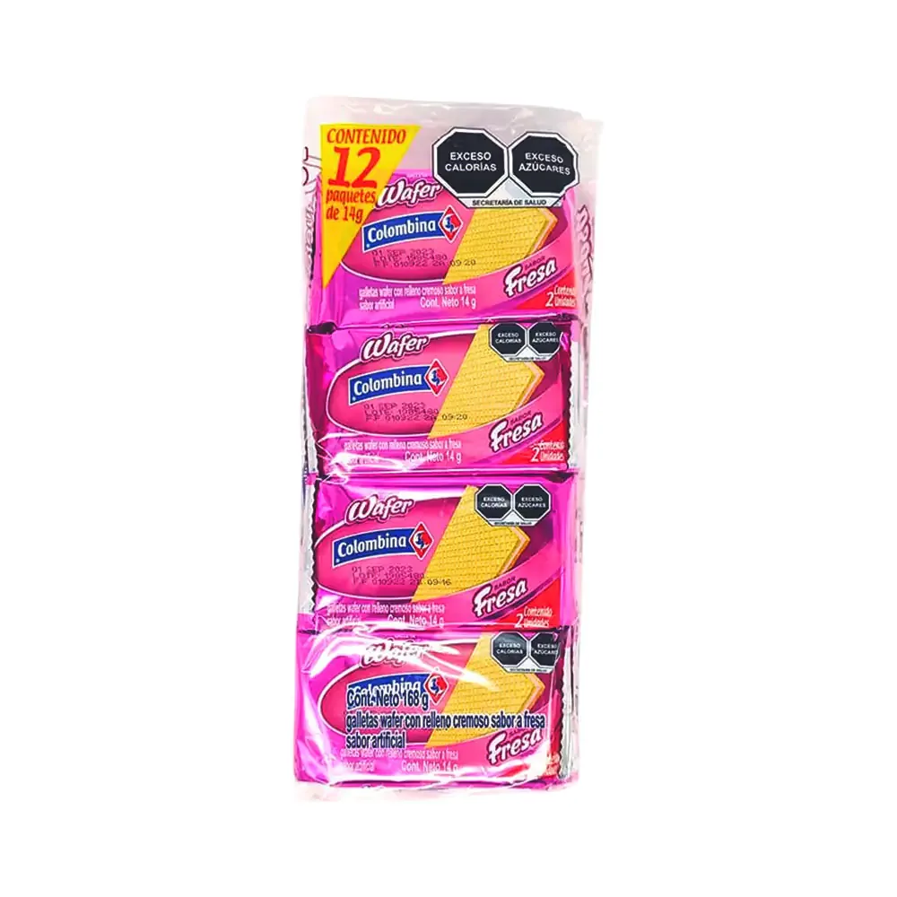 Paquete con 12pzas wafer colombina, galleta rellena sabor fresa 168g / 002026