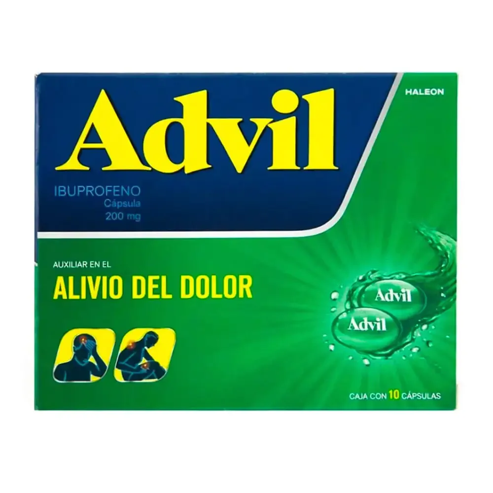 Paquete con 10 cápsulas gel advil verde de 200mg