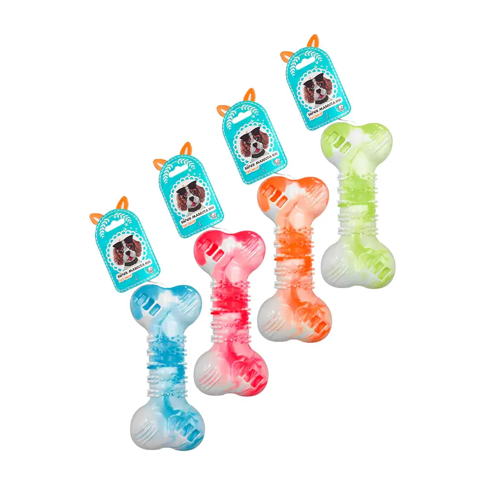 Juguete mordedera bicolor con chifle en forma de hueso con distintas texturas, variedad