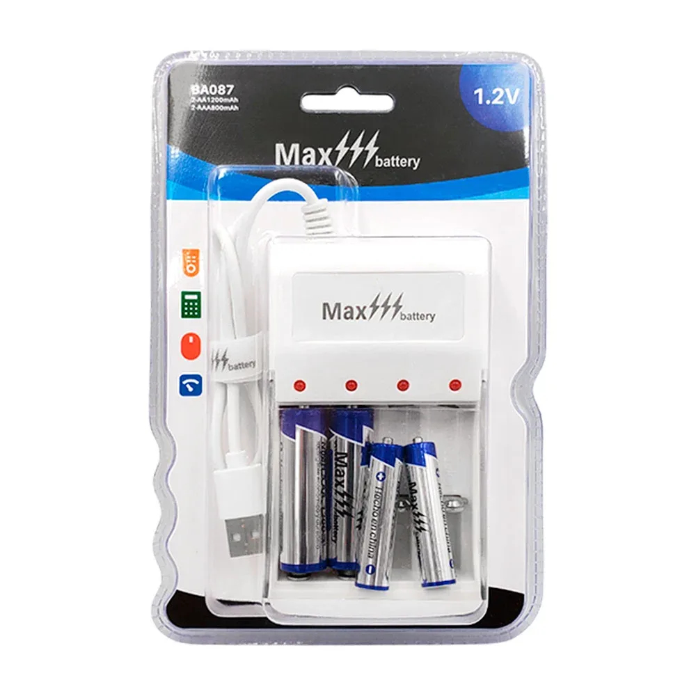 Blíster max battery con 4 pilas recargables doble y triple a + base de carga
