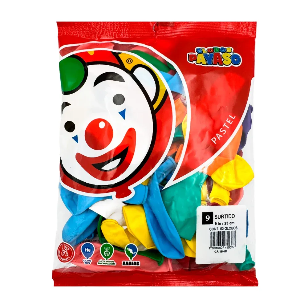 Paquete con 100 globo payaso de 9 in - 23 cm en colores surtidos / 401033 / globo surtido pastel