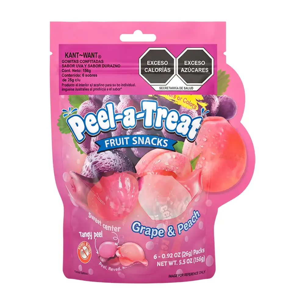 Bolsa con 6 paquetes de gomitas peel-a-treat pelables, sabor uva y durazno, 156g