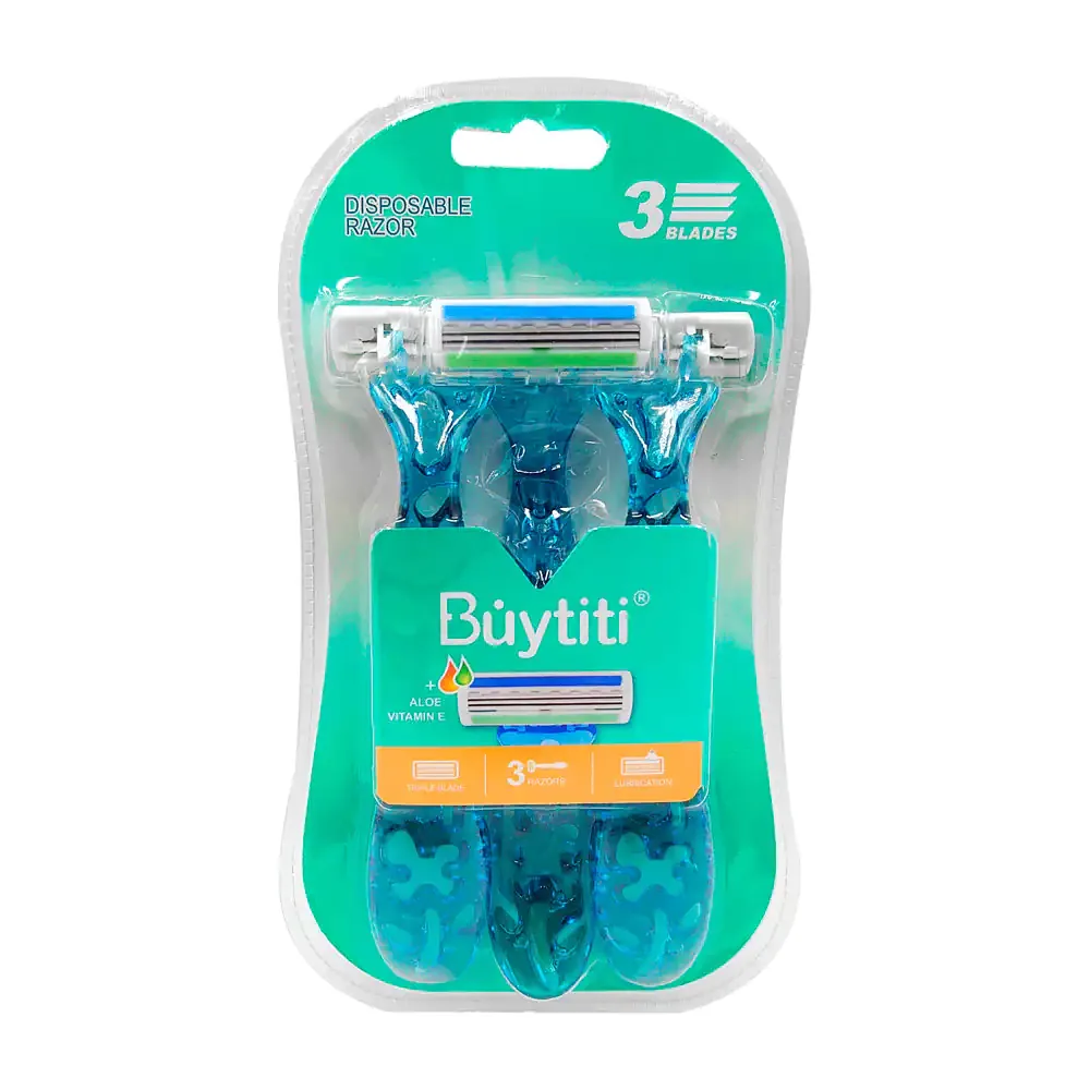 Blíster con 3 rastrillos buytiti de triple navaja, extracto de aloe y vitamina e