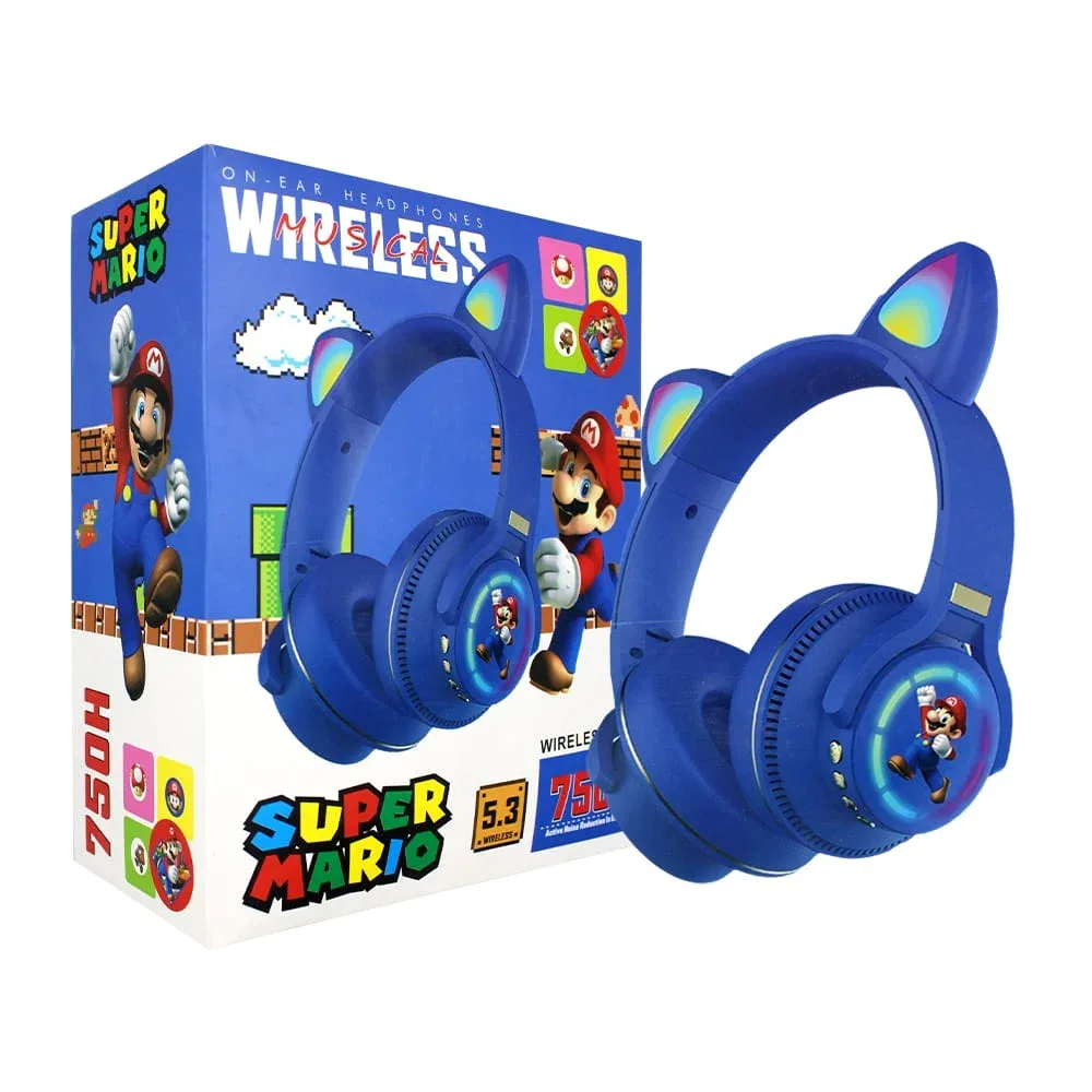 Diadema audífonos bluetooth con orejas de gato, diseño de super mario y ranura para micro sd / 750h